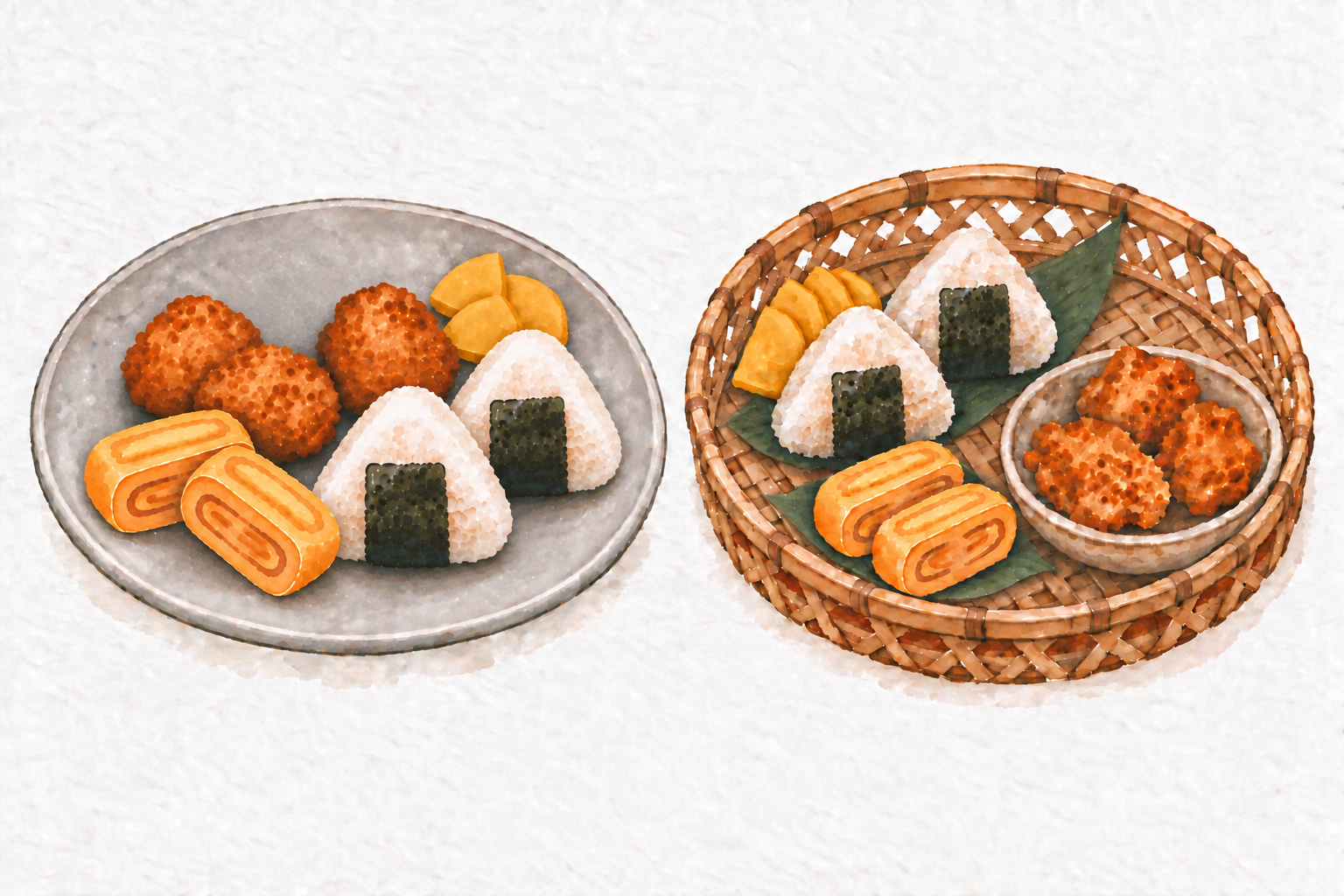 Watercolor comparison: the same rice balls, fried chicken, rolled omelette and pickled daikon casually placed on a ceramic platter on the left and thoughtfully arranged with green leaves in a woven bamboo basket on the right